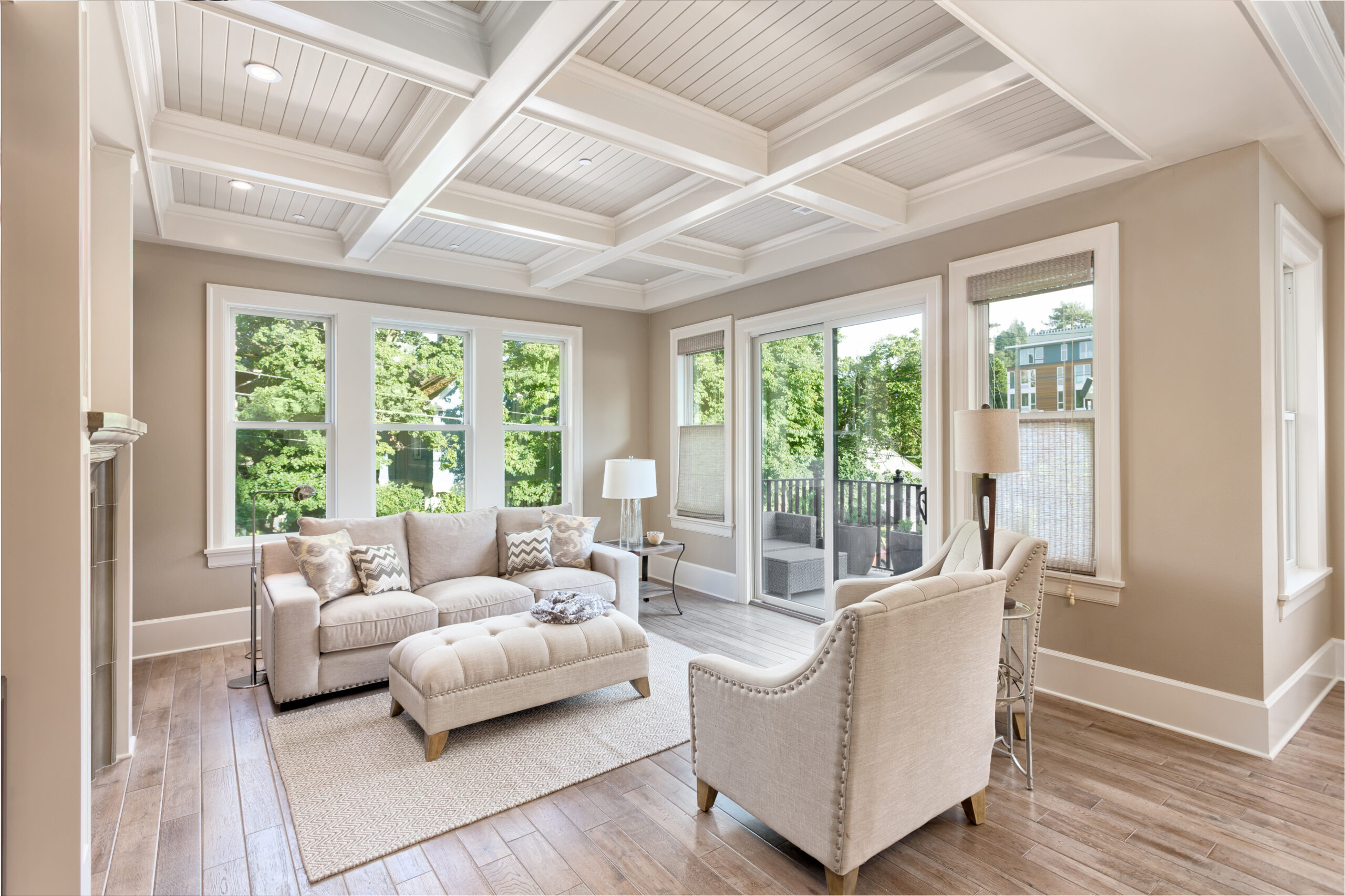 Beautiful living room with hardwood floors in new luxury home