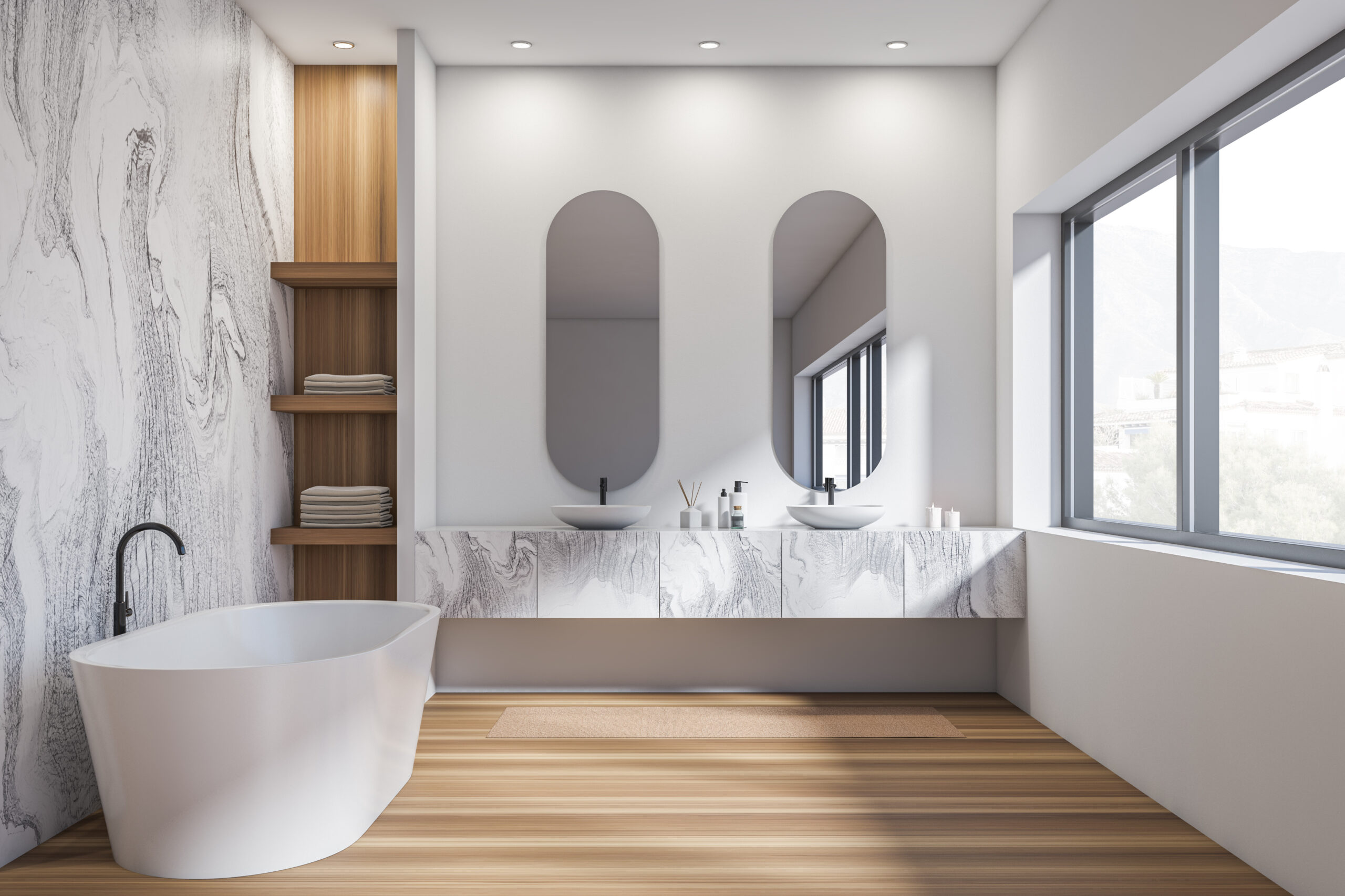 Bright bathroom interior with two sinks, bathtub, oval mirrors, window with town view, white walls, shelves with towels and liquid soap. Concept of hygienic and spa procedures. 3d rendering