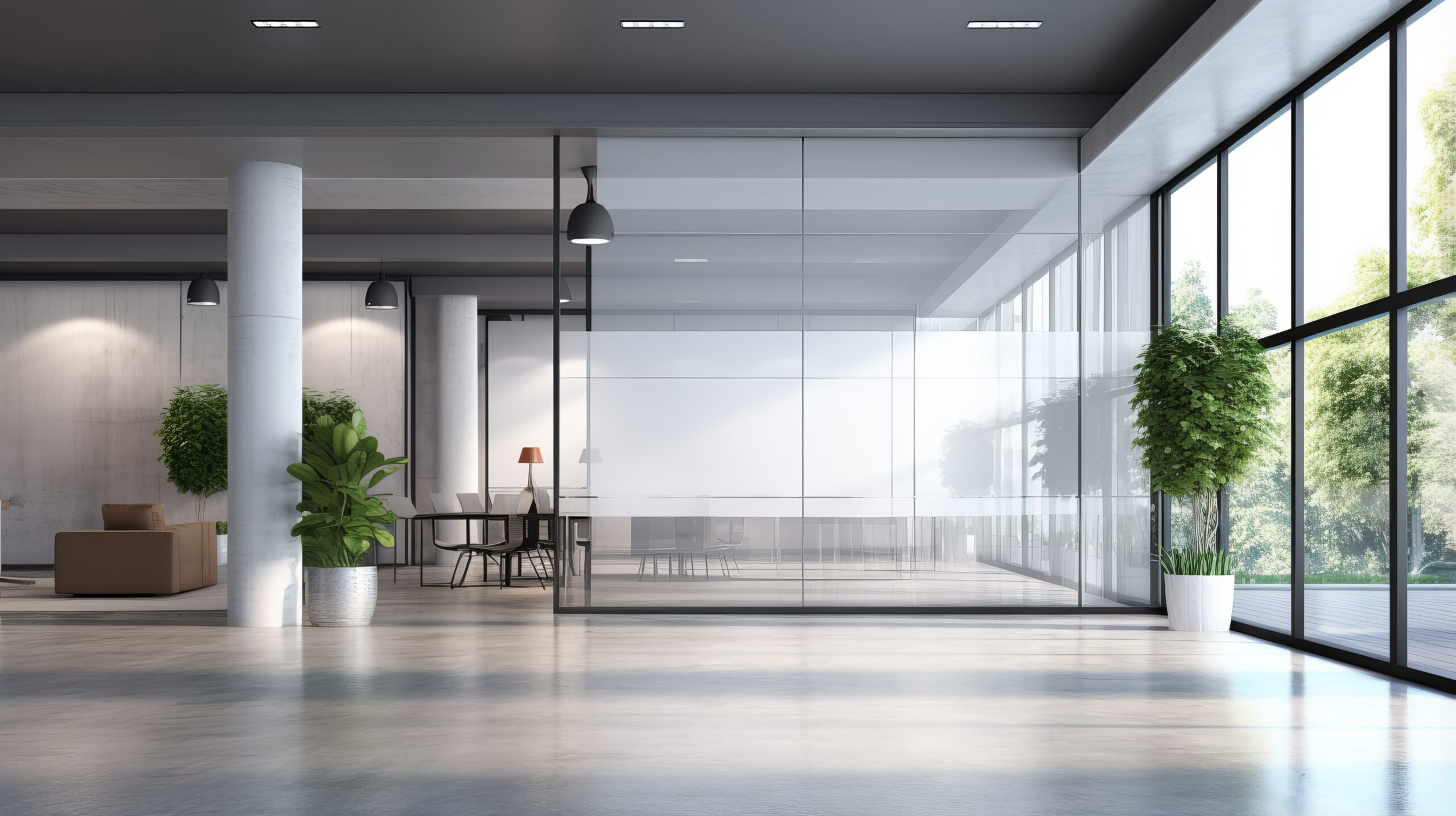 contemporary office corridor interior with mock up white billboard, glass doors, and modern furniture on concrete floors - architectural and design concept