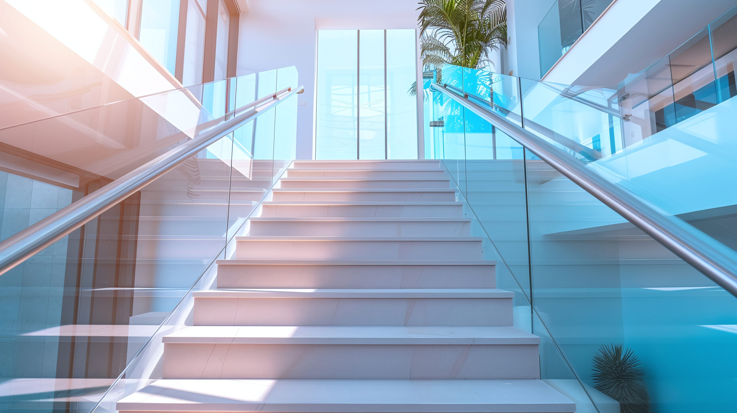 Elegant modern interior with a marble staircase and sleek steel handrails, illuminated by natural light.