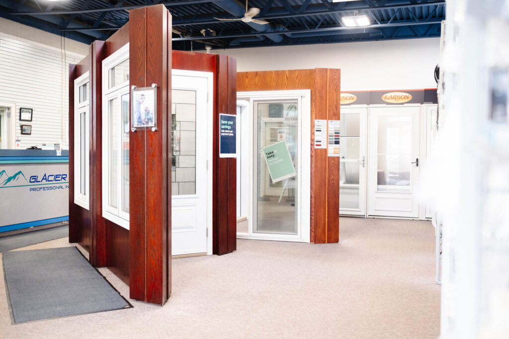 Glacier Glass Show Room with Doors with different styled doors in the entry way