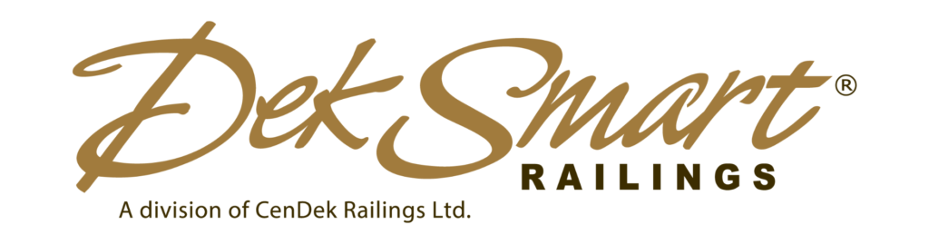 The image features a gold cursive logo for DekSmart, marked with a registered trademark symbol, above the dark brown text RAILINGS and A division of CenDek Railings Ltd., all presented on a white background. Glacier_Glass_Regina Glacier_Glass_Regina Glacier_Glass_Regina Glacier_Glass_Regina Glacier_Glass_Regina