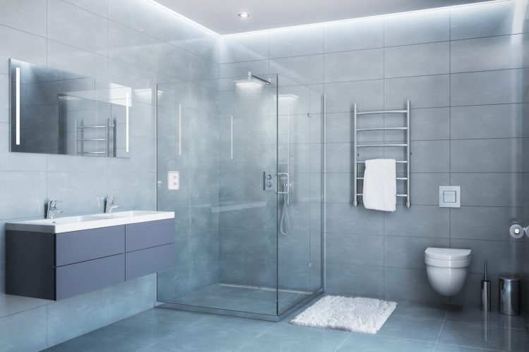 Gray modern shower room in the daylight